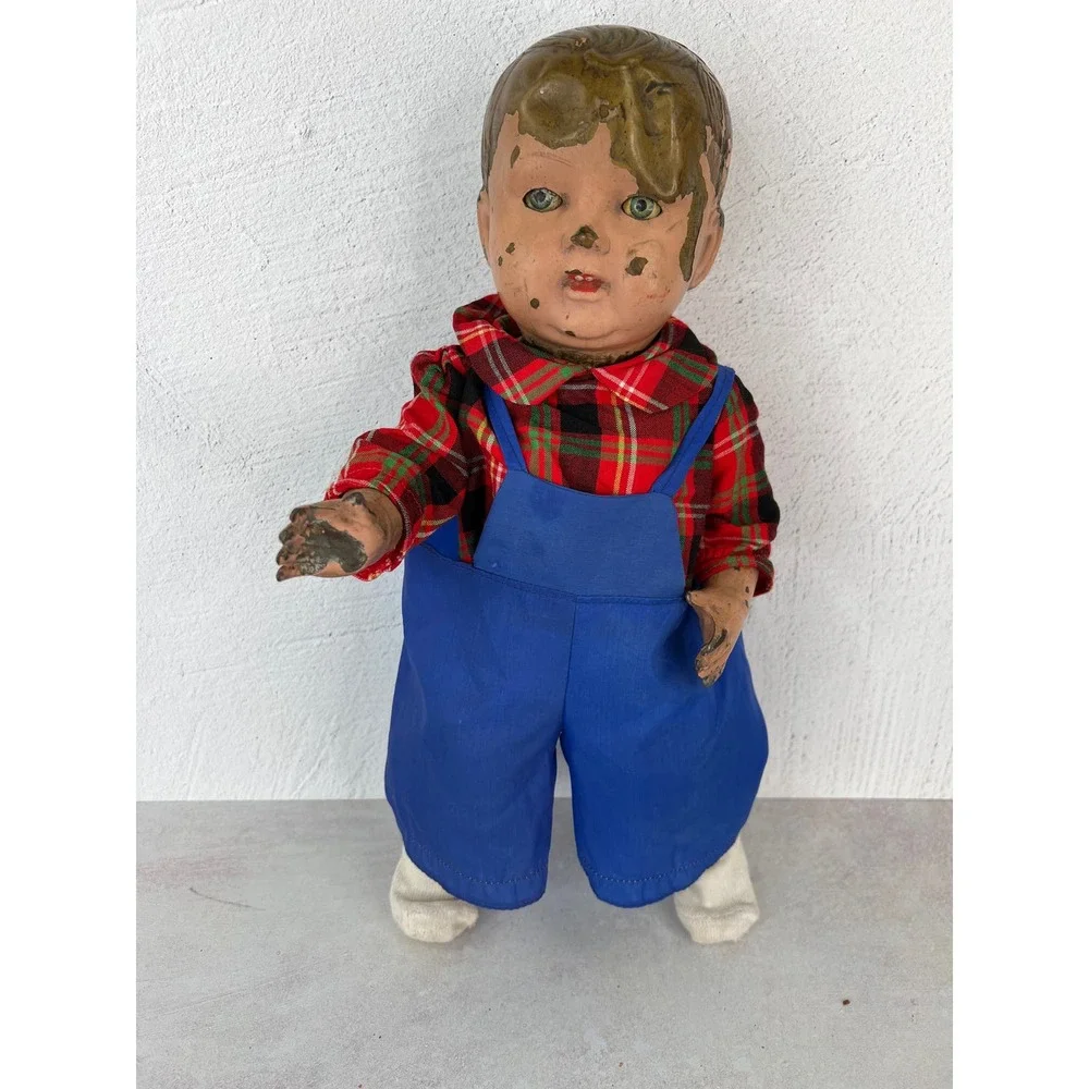 Metal Tin Vintage Antique Doll Creepy Large Eyes Move Cast Rare Boy‎ Guy